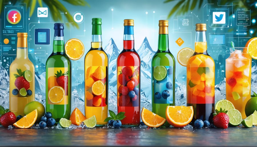 An artistic image showcasing an array of exotic drink bottles with vibrant labels, intertwined with digital marketing symbols such as social media icons, illustrating the blend of taste and online engagement.