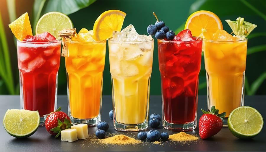 Selection of vibrant exotic drinks featuring distinctive colors and ingredients