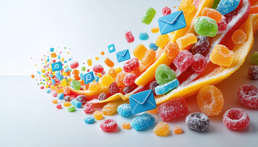 Conceptual illustration of digital marketing strategies for freeze-dried candy, featuring vibrant candy pieces and digital marketing icons like social media, email, and SEO.